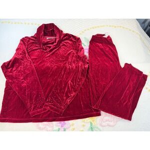 Jaclyn Smith Classic Red Velvet Lounge Set Embellished Cowl‎ Neck Top Pant M